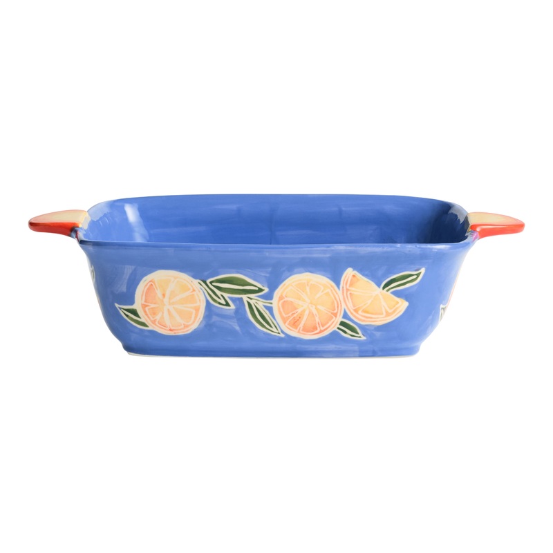 Square Blue Wax Resist Ceramic Orange Slice Ridged Baking Dish