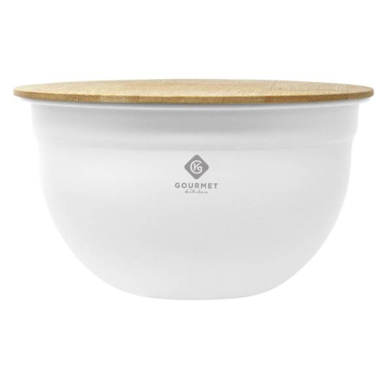 White Steel Mixing Bowl with Bamboo Lid, Medium