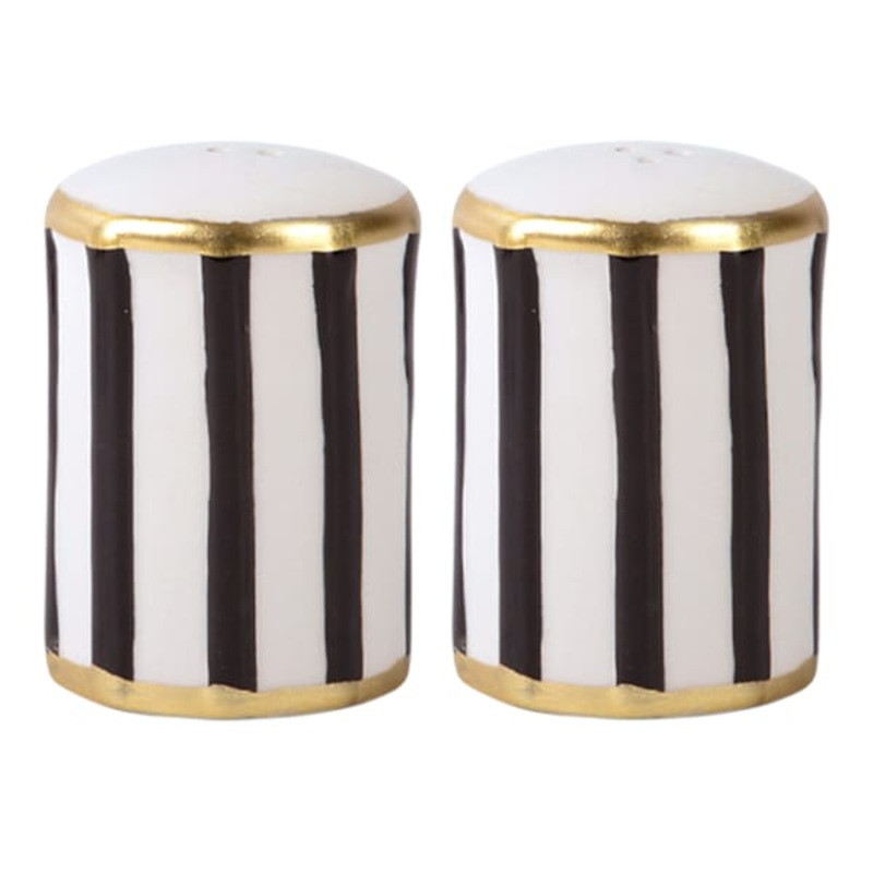 S/2 Black/White Stripe with Gold Rim Salt and Pepper Shakers