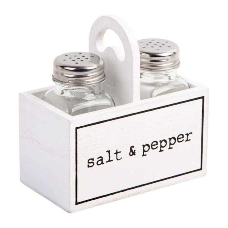 White & Black Salt & Pepper Shakers with Caddy