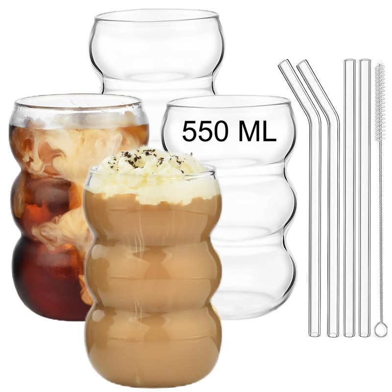Alink Bubble Gl s 4 Set drinking glass 550ml of ribbed drinking glasses wave glass latte macchiato glasses iced coffee glasses long -drink glass cocktail glass pack of 4 – 550ml