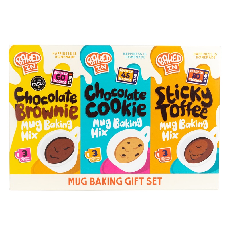 Bakedin – Mug Cake Gift Set – Delicious and Easy to make – 9 Mug Cake mixes (3 Mug Brownie mixes 3 Mug Cookie mixes 3 Sticky Toffee Mug Pudding mixes) – 505g