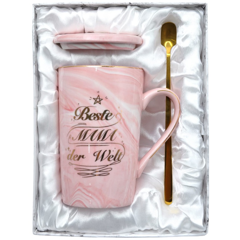 Bokalaka Mother’s Day gift for mom mother gift mom gifts birthday present best mom in the world – 400 ml pink ceramic coffee cup with lid spoon and gift box Mama2