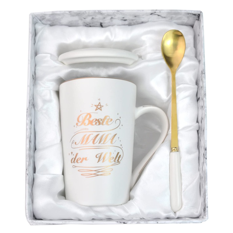 Bokalaka Mother’s Day gift for mom mother gift mom gifts birthday present best mom in the world – 400 ml white ceramic coffee cup with lid spoon and gift box Mama3