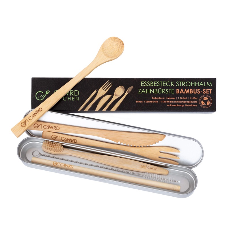 C4wrd reusable 6-piece bamboo cutlery set for on the go in a metal tin
