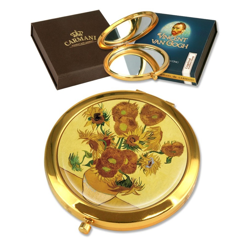 CARMANI Gold Plated Bronze pocket compact travel Mirror decorated with Van Gogh ‘Sunflowers’ painting