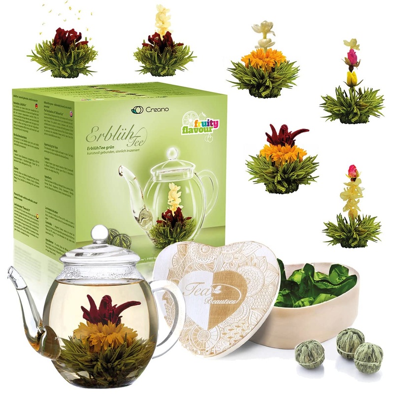 Creano gift set blossomed tea blum mix in heart shape – 6 types of green tea including glass teapot 500ml gift for women mother tea lover green tea