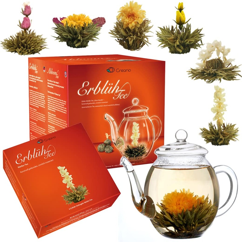 Creano tea blum gift set – bloomed spring harvest with 500ml glass jug & 6x white tea – 7 partly – Gift for Mother’s Day 1x gift set