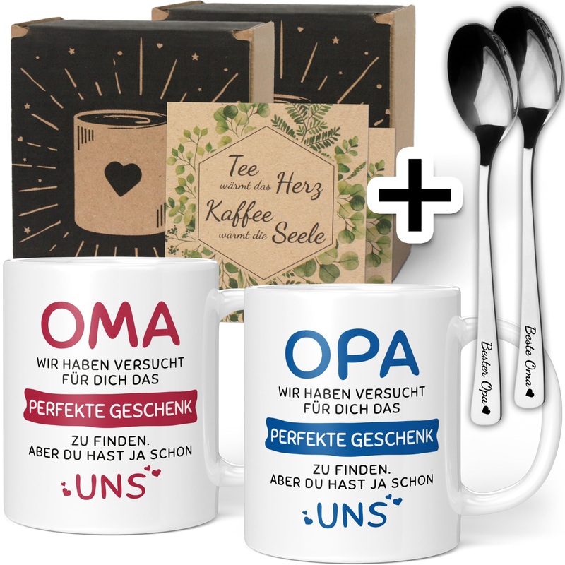 Gift set Grandma grandpa gifts with spoons – Grandma Grandpa Gift Christmas – Grandma Grandpa cup with saying – Grandma grandpa spoon (ceramic 330ml) Grandma & Grandpa 2 Set Gift + spoon – red blue