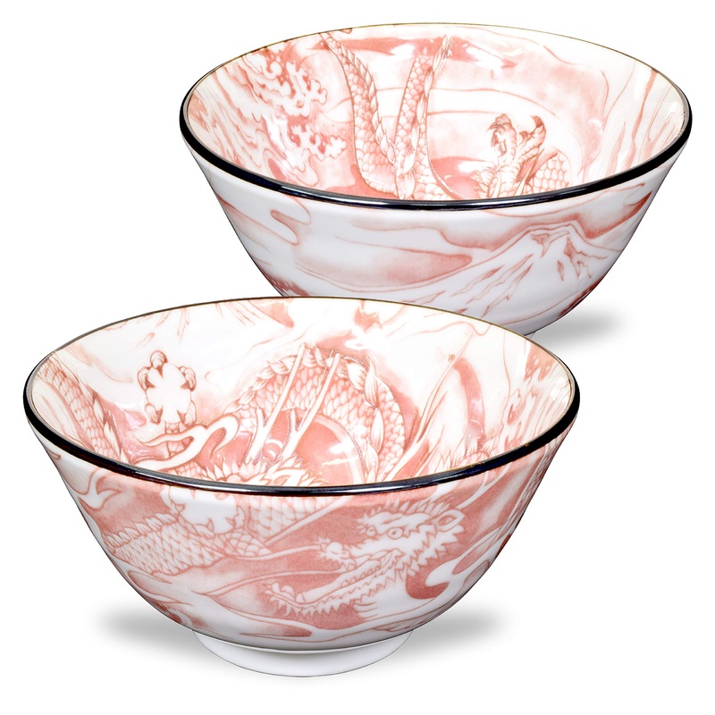 Mino Ware Japanese Rice Bowl Rice Ramen Noodle Soup Sarada Pasta Red Dragon Design Chawn 2.5 inch 8.8oz Set of 2 Rice Bowl 2 Set Dragon Design (Red)