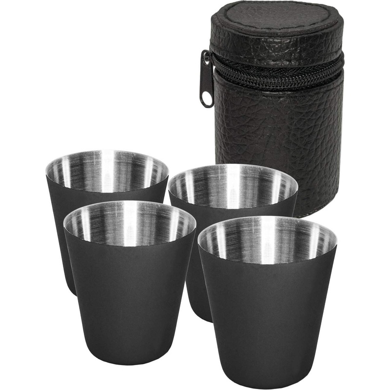 Outdoor SAXX -5-part stainless steel cup drinking cup set 4 schnapps cup of snaps made of metal metal cup with leather bag ideal flat man accessories black