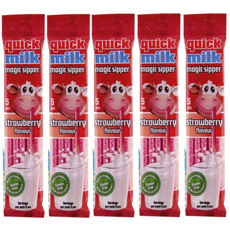 Quick Milk Strawberry 5 bags with 5 straws each Magic Milk Drinking Straws Straws