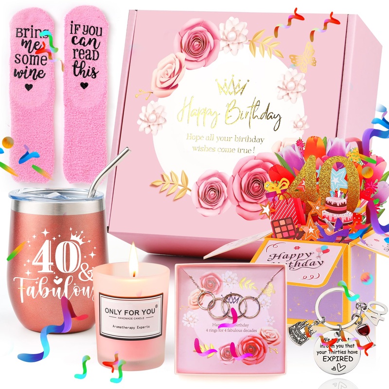 Yolidas 40th Birthday Gifts for Women Birthday Gifts for Her Gift Baskets Ideas for Her Mom Sister Female Friends Coworker Wife Girlfriend Daughter Unique Gifts for Women Pink-40th