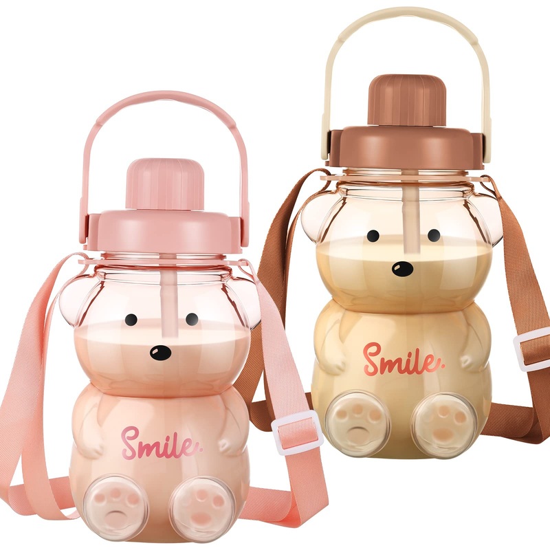 2 Pcs Cute Water Bottles Leak Proof Kawaii Bear Straw Bottle Large Capacity Bear Cup with Adjustable Removable Shoulder Strap Kawaii Stickers for Kids School Office Outdoor Activities Brown  Pink