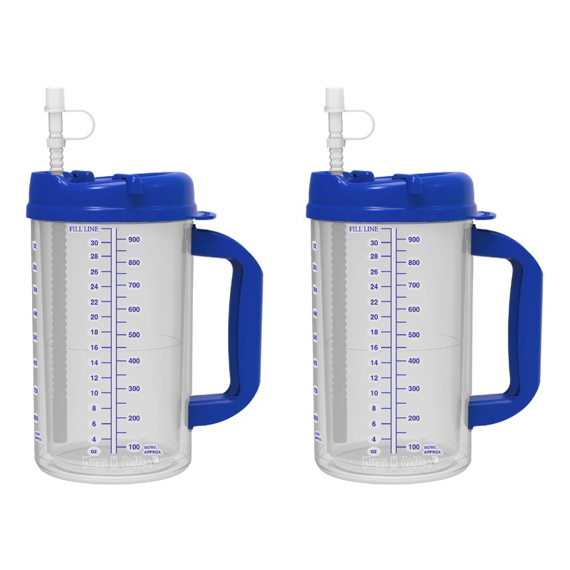 32 oz Double Wall Insulated Hospital Mug – Cold Drink Mug – Large Carry Handle – Includes Straw (2, Blue)