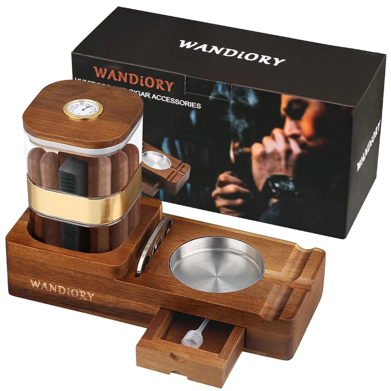 Cigar Humidors and Ashtray Set Cigar Case with Jar Tray Humidor Cigar Box with Hygrometer Can Hold 14-18 Cigars Cutter Drawer and Slot Ideal Cigar Accessories for Home Office and Outdoor Use