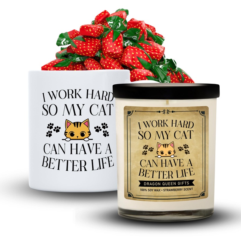 Dragon Queen Gifts Gifts for Cat Lovers Cat Dad Gifts and Cat Mom Gifts. Comes with I Work So Hard So My Cat Can Have A Better Life Mug Strawberry Candle and 26-piece Strawberry Arcor Candies Strawberry Scent I Work Hard So My Cat Can Have A Better Life
