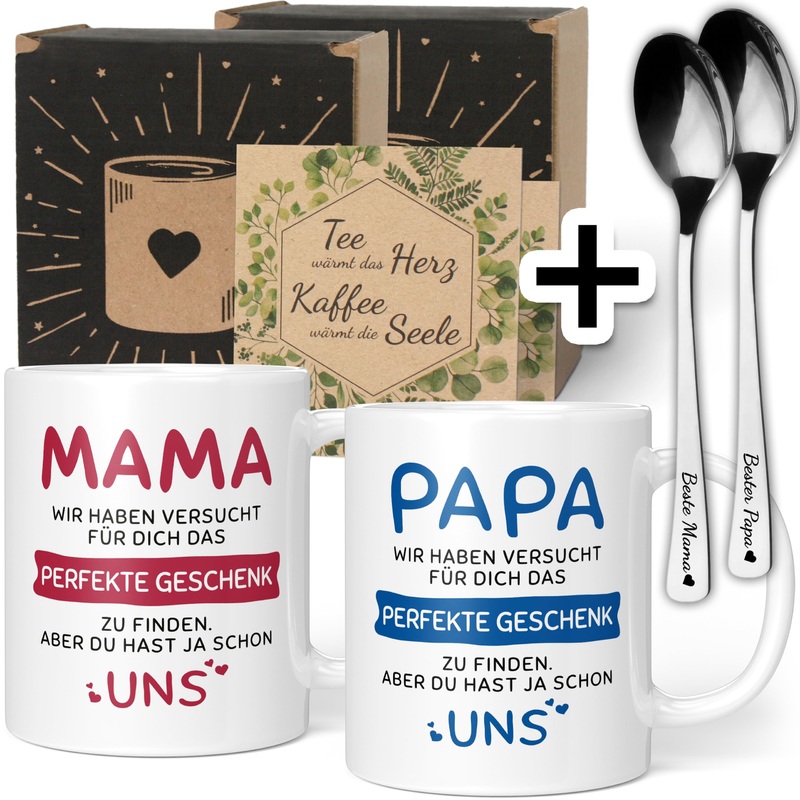 Gift set Mama Papa gifts with spoon – Mama Papa Gift Christmas – Mama Papa cup with saying – Mama papa spoon gift ideas (ceramic 330ml) Mama & Papa 2 Set Gift + spoon – red blue