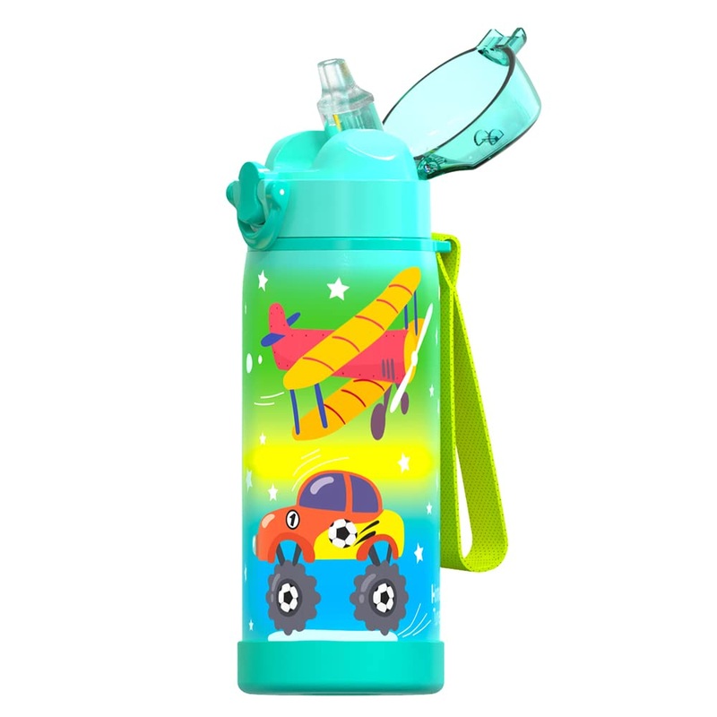 Insulated Water Bottle with Straw for Kids Boys Girls  Durable Stainless Steel & Leak Proof One Click Open Soft Straw & Protective Silicone Boot  16oz – Airplane & Truck