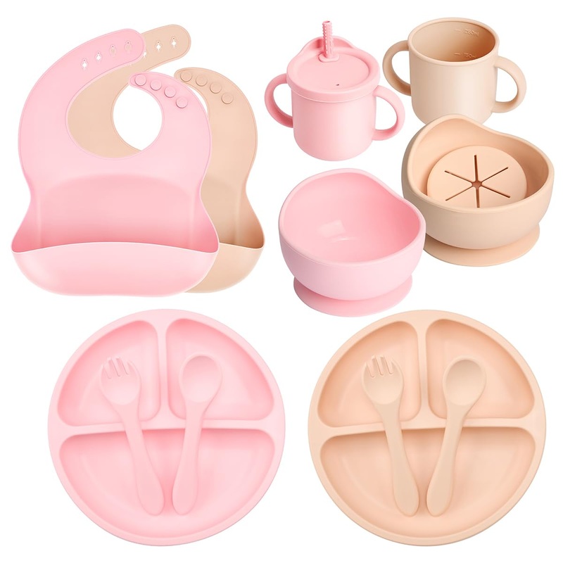 Mumez children’s harness Babyplate 14-part set children’s plate with suction cup plate bibs bowl bib babor baby drinking cup silicone plate baby slide-resistant without bpa pink+peach