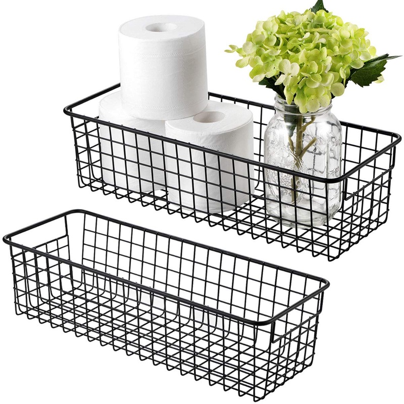 Sheechung Farmhouse Decor Metal Wire Storage Organizer Bin Basket(2 Pack) – Rustic Toilet Paper Holder – Storage Organizer for Bathroom, kitchen cabinets,Pantry, Laundry Room, Closets, Garage (Black)