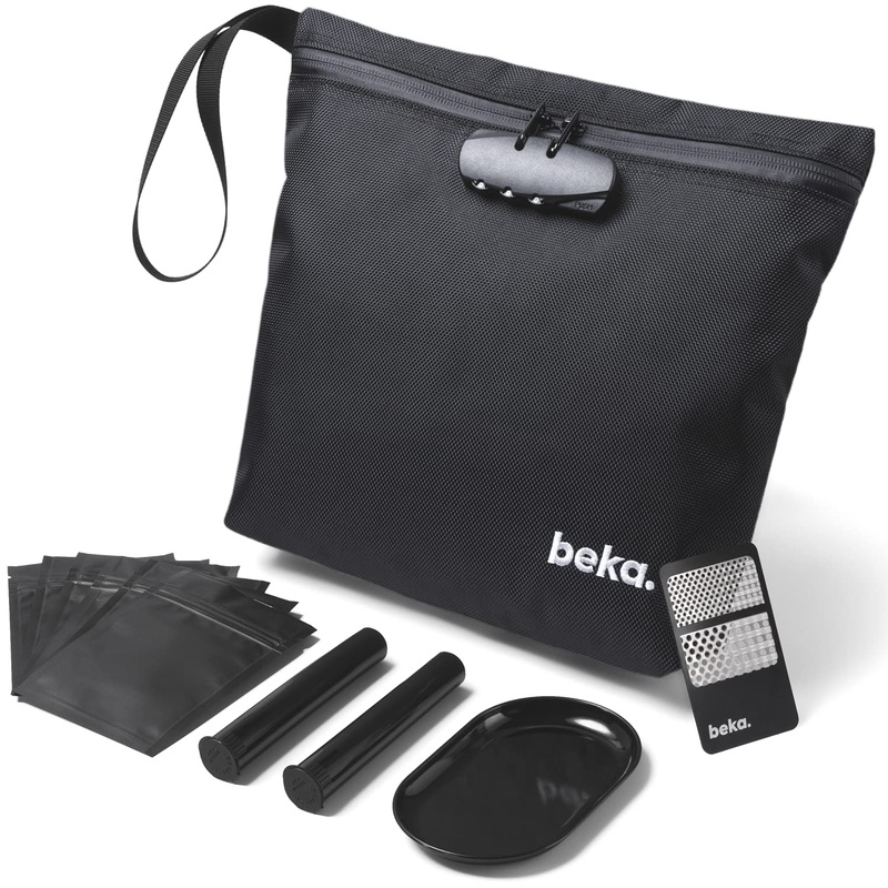 Smell Proof Bag with Combination Lock | Water Repellent Odor Proof Stash Bag Carrying Bag with Grinder Card, Rolling Tray, 2x Plastic Tubes, 5x Resealable Bags | Ideal for Herbs & Smelly Accessories Black