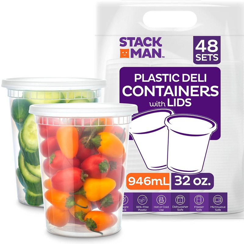 Stack Man 48 Pack, 32 oz Plastic Deli Food Storage Soup Containers With Airtight Lids, Freezer Safe | Meal Prep | Stackable | Leakproof | BPA Free, Clear 32 oz.