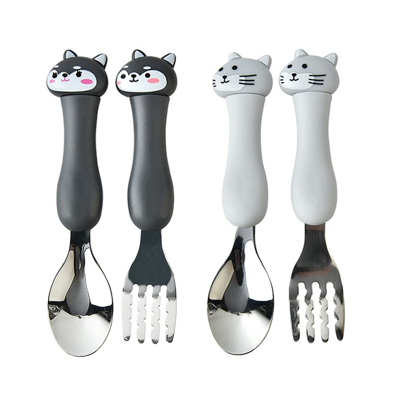 Tomedeks Children 2 Sets Stainless Steel Cutlery Set Fork and Spoon Set With Cartoon Animals With Box (Dog&Cat)