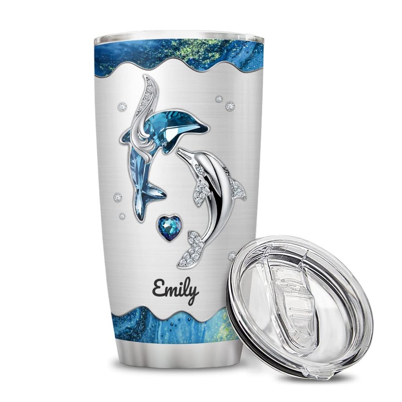 Wassmin Personalized Dolphin Tumbler Cup With Lid 20oz 30oz Custom Name Animal Stainless Steel Double Wall Vacuum Insulated Tumblers Coffee Travel Mug Birthday Christmas Customized Gifts Women Girls Dolphin 1