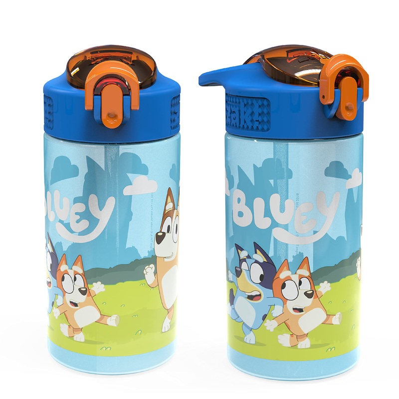 Zak Designs Bluey Kids Durable Plastic Spout Cover and Built-in Carrying Loop Leak-Proof Water Design for Travel (16oz 2pc Set) Bluey Bottle 2pk 2 Count (Pack of 1) Bluey Bottle 2pk Water Bottle