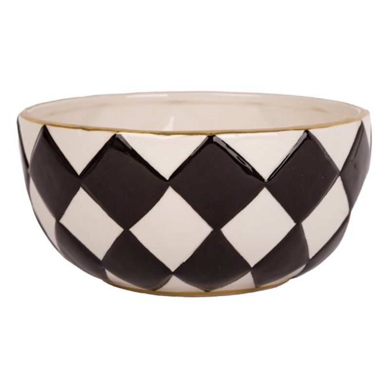 Black & White Checkerboard Bowl with Gold Rim, 55.6oz