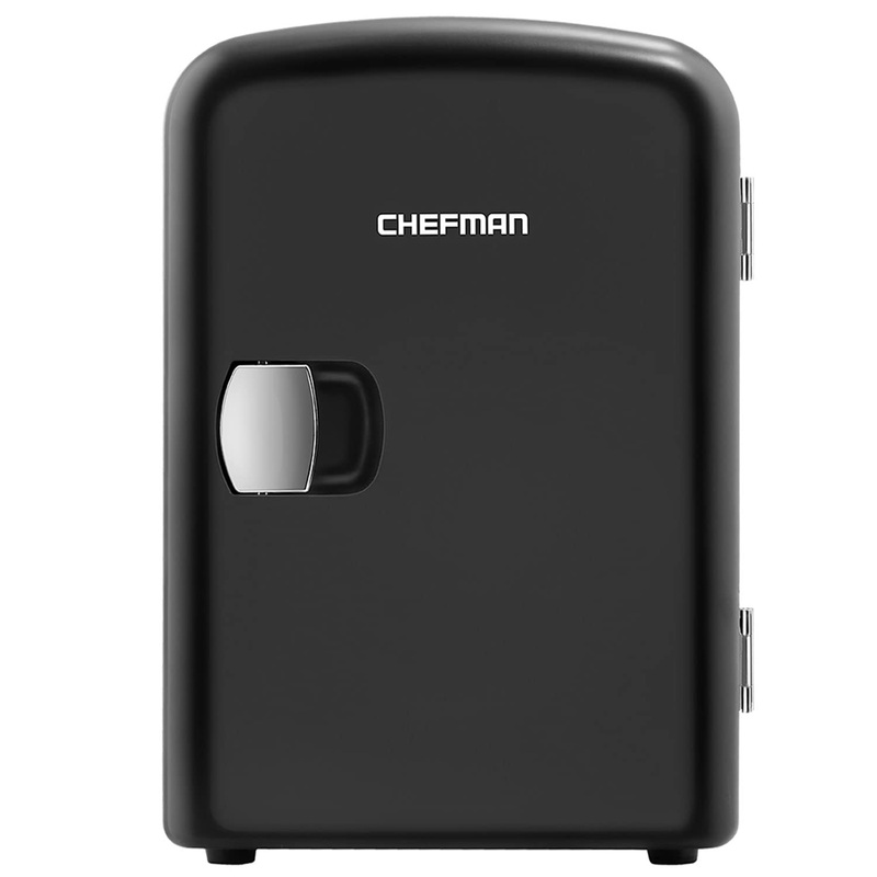 Chefman Mini Portable Black Personal Fridge Cools Or Heats and Provides Compact Storage For Skincare, Snacks, Or 6 12oz Cans W/A Lightweight 4-liter Capacity To Take On The Go Portable Mini Fridge Black