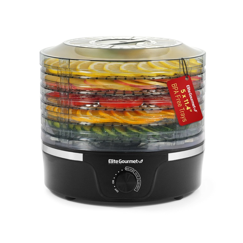 Elite Gourmet EFD319 Food Dehydrator, 5 BPA-Free 11.4″ Trays Adjustable Temperature Controls, Jerky, Herbs, Fruit, Veggies, Dried Snacks, Black