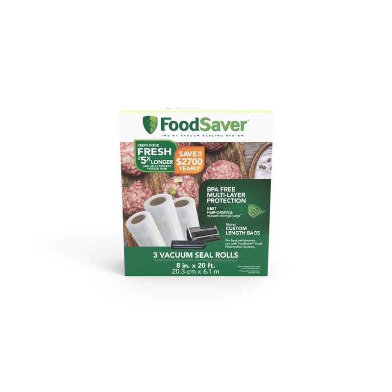 FoodSaver Vacuum Sealer Bags, Rolls for Custom Fit Airtight Food Storage and Sous Vide, 8″ x 20′ (Pack of 3) 8″ Rolls 3-Pack Seal Roll