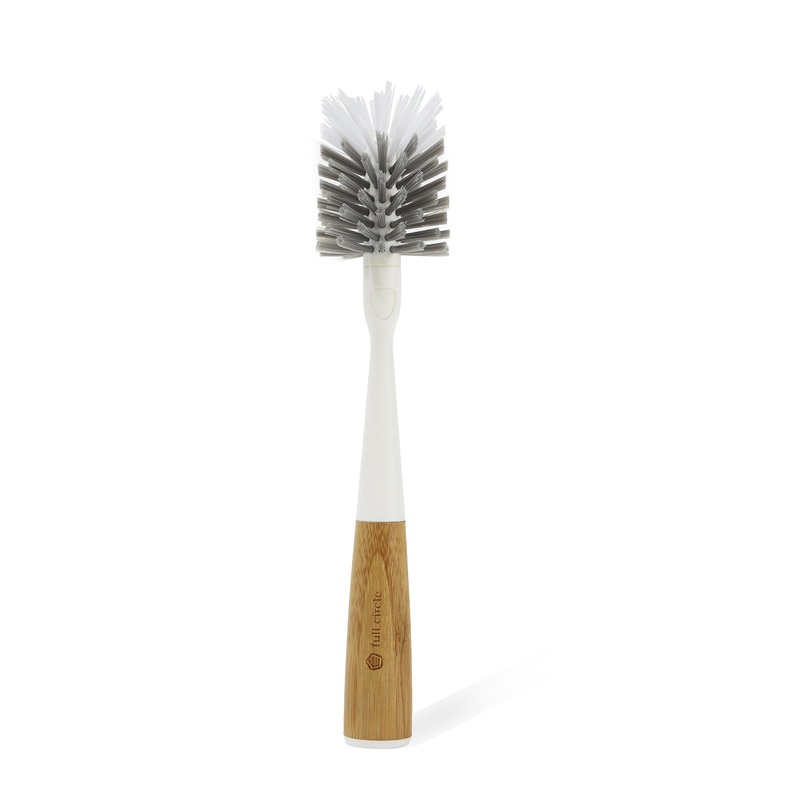 Full Circle Clean Reach Bottle Brush with Replaceable Bristle Brush Head, Bamboo Handle, White Gray