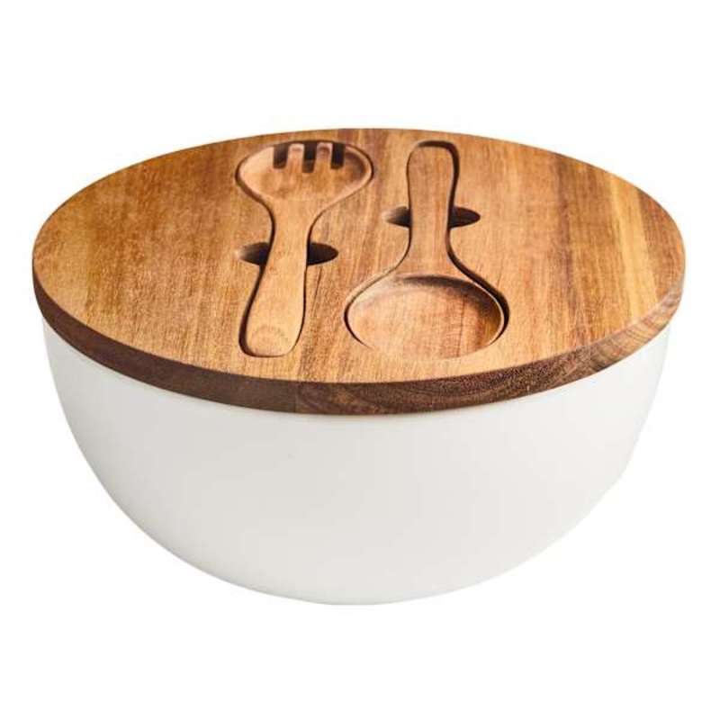 White Serving bowl with Acacia Wood Lid & Serving Utensils, 10″