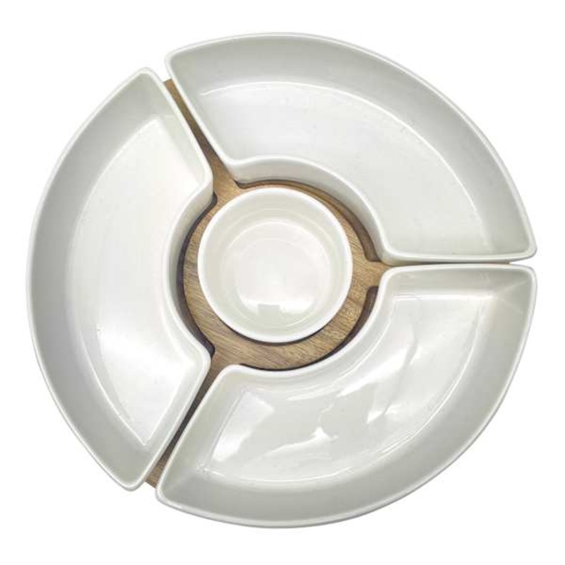 Honeybloom Round Ceramic Bowl with Wooden Tray Set