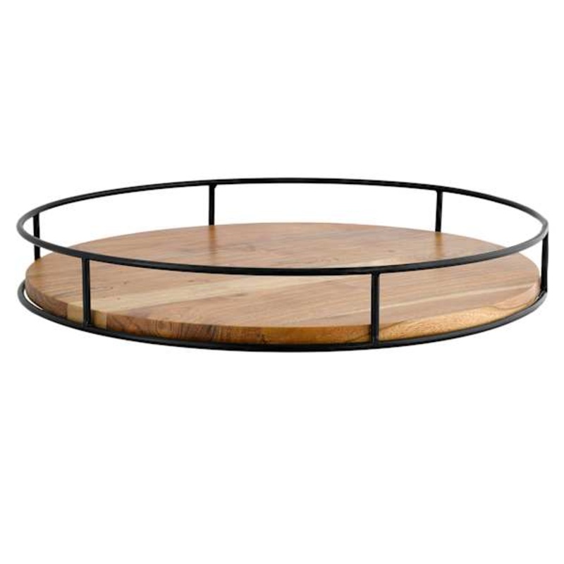 Round Acacia Wood Lazy Susan with Black Metal Rim, 18″