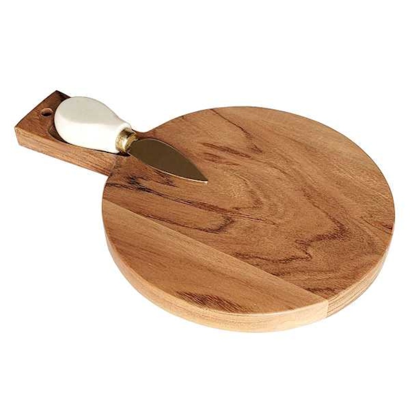 Round Dark Wood Cheese Board with Spreader Knife, 7×10