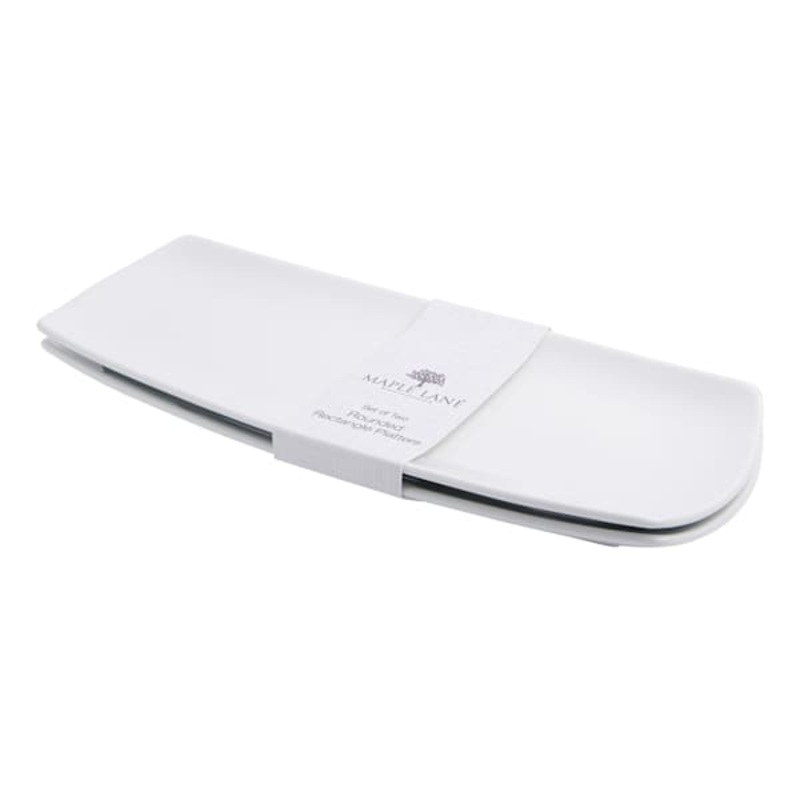 Set of 2 White Curved Rectangle Serving Trays, 14″