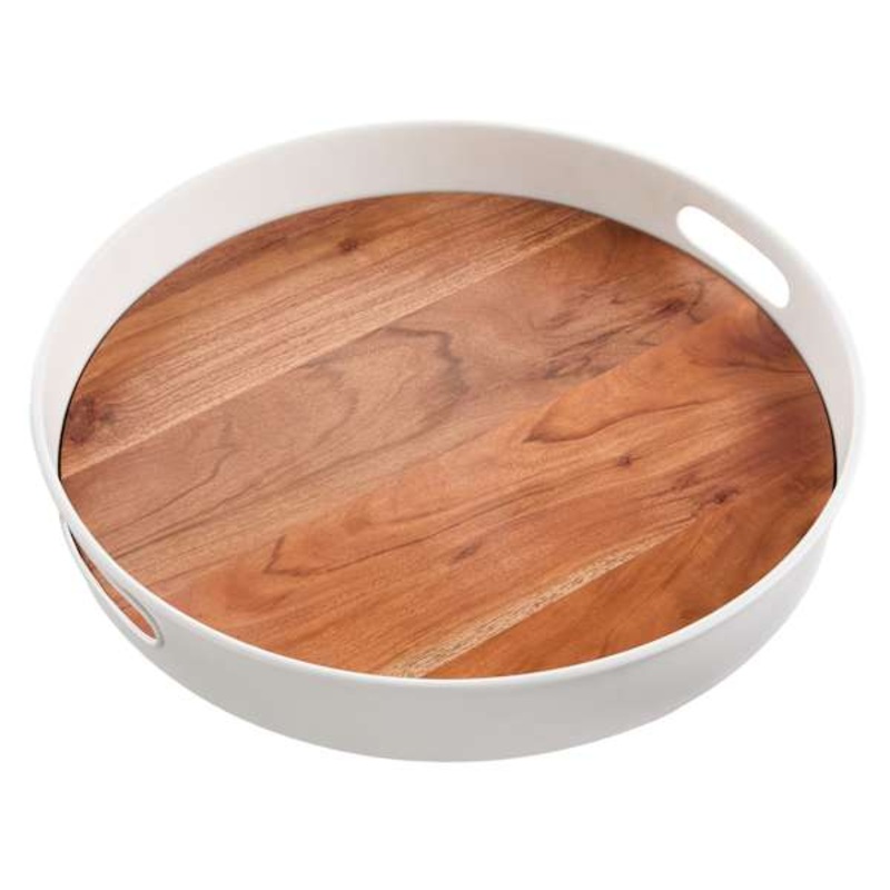 White Metal Serving Tray with Rotating Acacia Wood Base, 16.5″