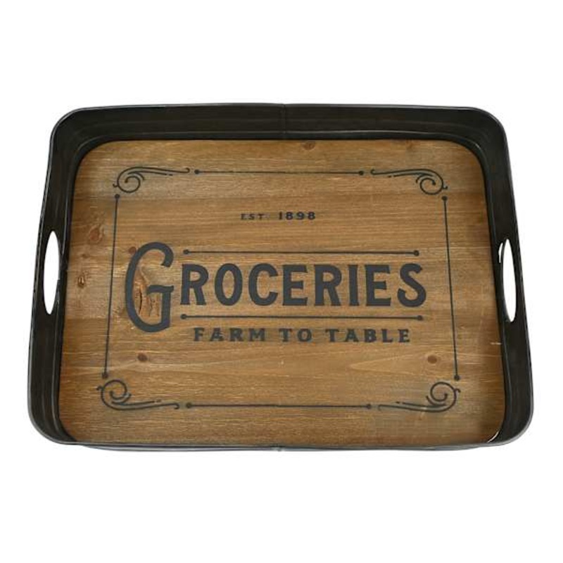 Wooden Groceries Tray with Metal Border, 17.5″