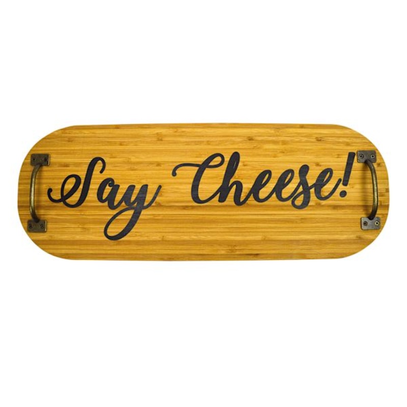 Wooden Say Cheese Serving Board with Iron Handles, 22″