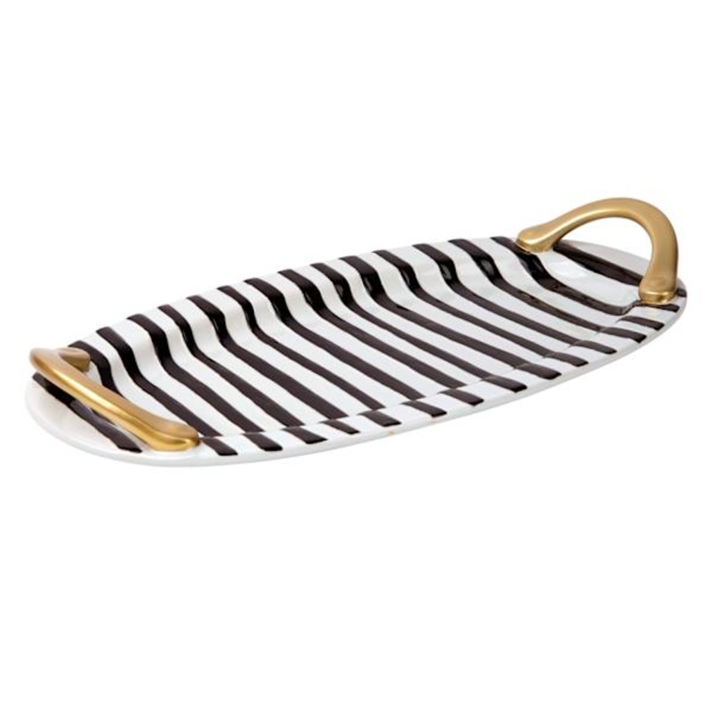 Black & White Striped Platter with Gold Handles, 16″