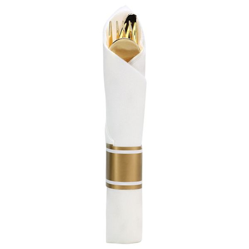 Lillian Table Settings 10-Count Polished Gold & White Rolled Cutlery Combo