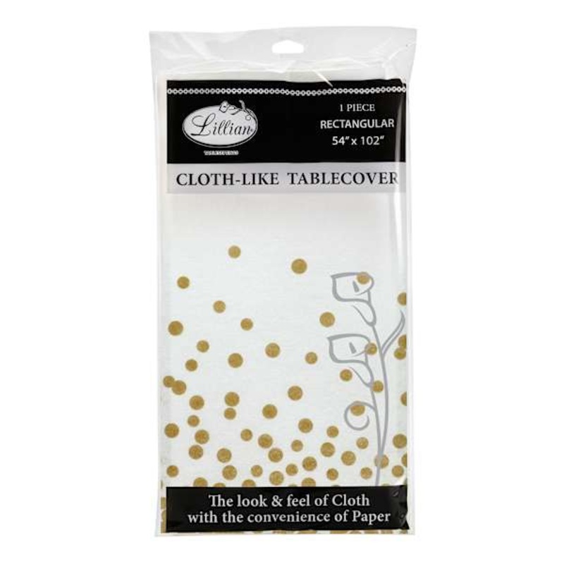 Lillian Table Settings White with Gold Confetti Cloth-Like Table Cover, 54×102