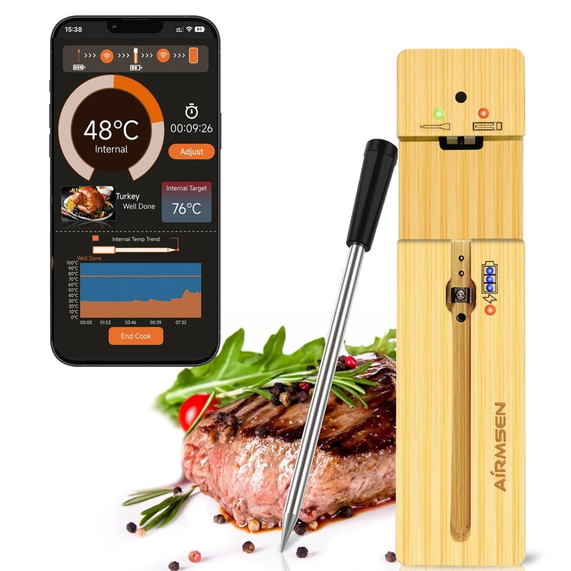 Airmsen meat thermometer wireless 110m bluetooth grill thermometer with IPX7 digital meat thermometer for oven grill kitchen bbq oven rotisserie perfect meat enjoyment via app naturally