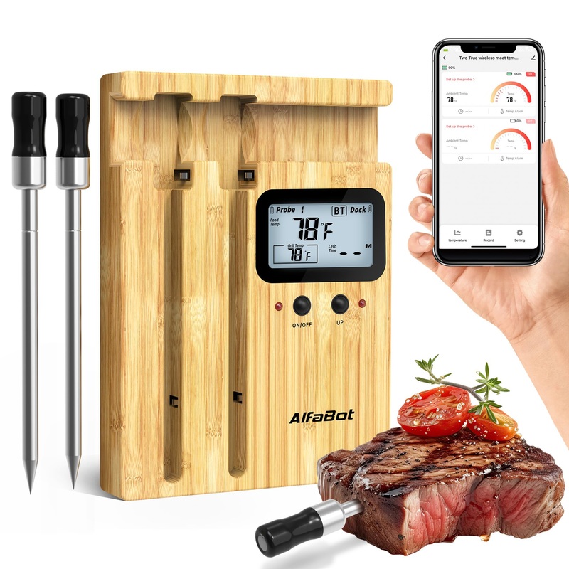 Alfabot K1 Wireless Meat Thermometer intelligent meat thermometer wireless with 2 probes 150m Bluetooth range app control for kitchen oven oven grill