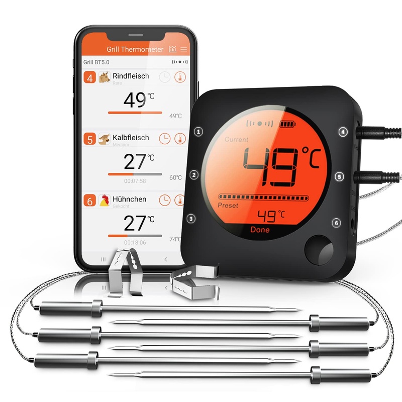 Bfour kitchen Bluetooth thermometer Digital grill thermometer with 6 temperature sensor meat thermometer with alarm polished bowl for grill bbq friend gift with 6 probes
