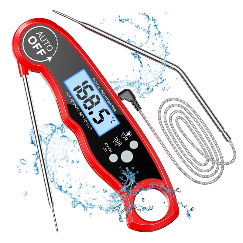 Cirycase meat thermometer digitally read immediately roast thermometer grill thermometer external long probe with 102cm stainless steel cable alarm setting oven thermometer for kitchen BBQ oven baking red